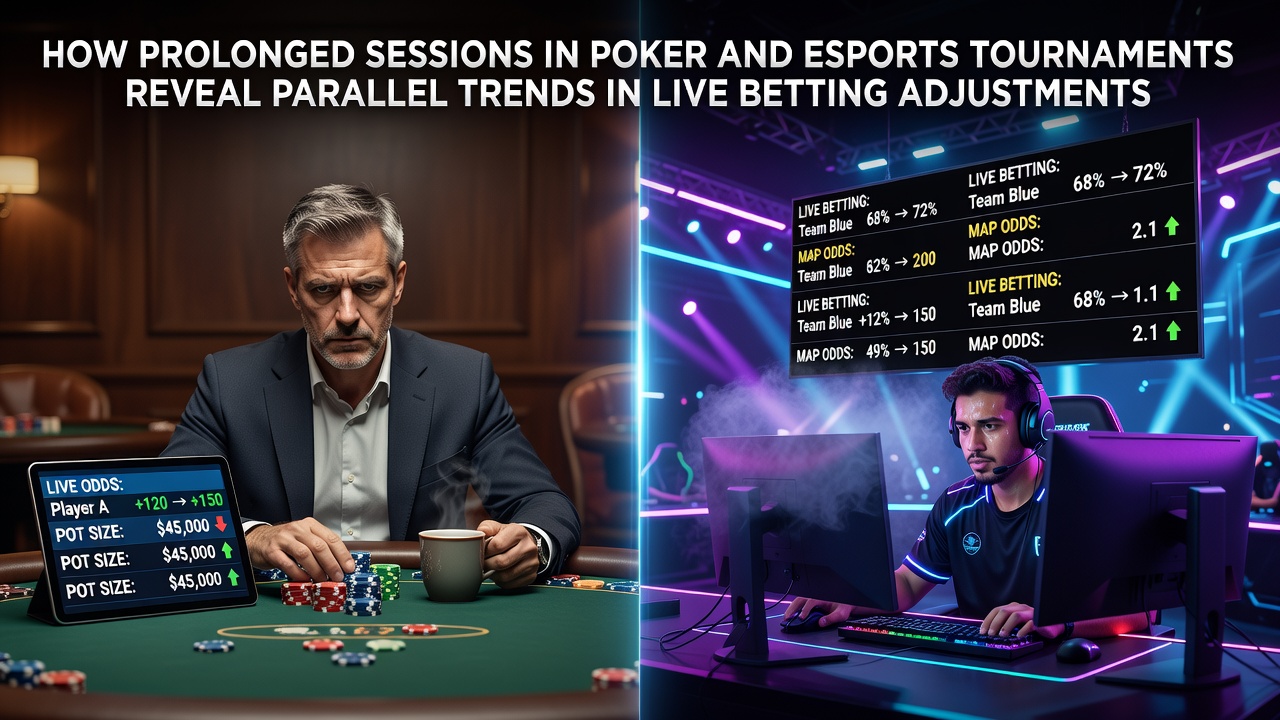 Overzicht van een pokertafel tijdens een langdurig toernooi met spelers die vermoeidheid vertonen