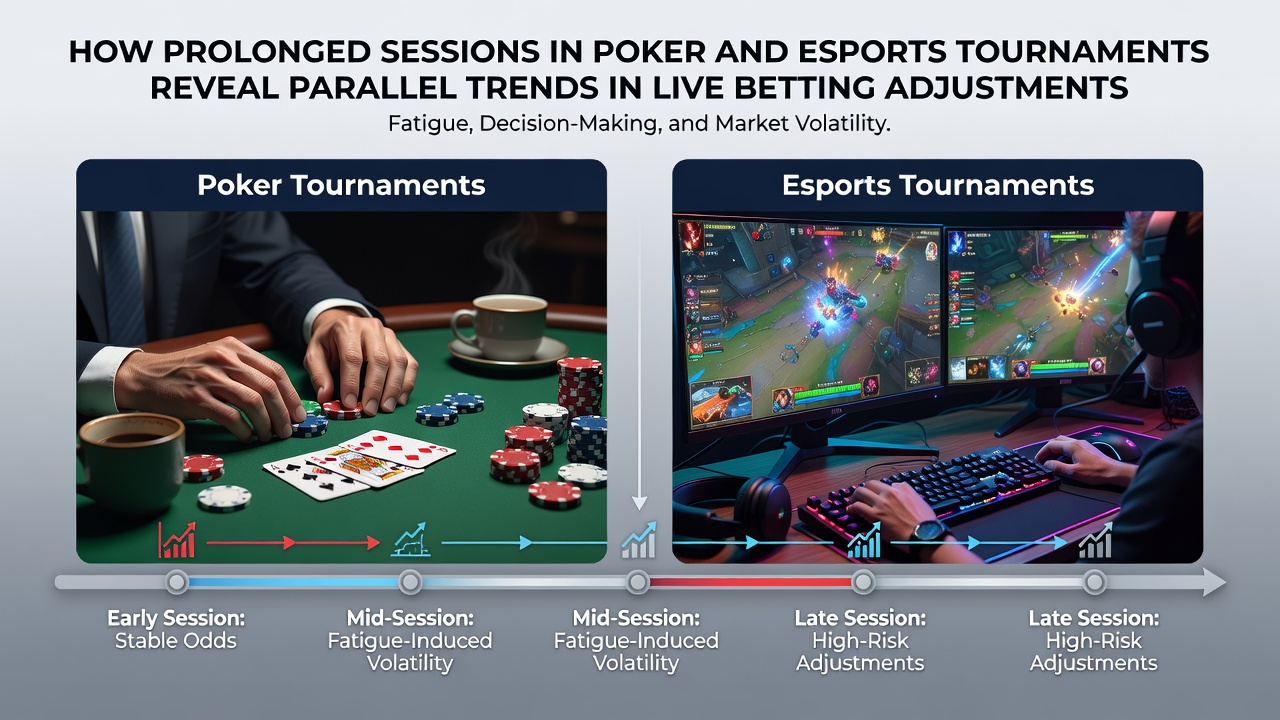 Esports toernooi arena met spelers tijdens een langdurige sessie en live odds displays