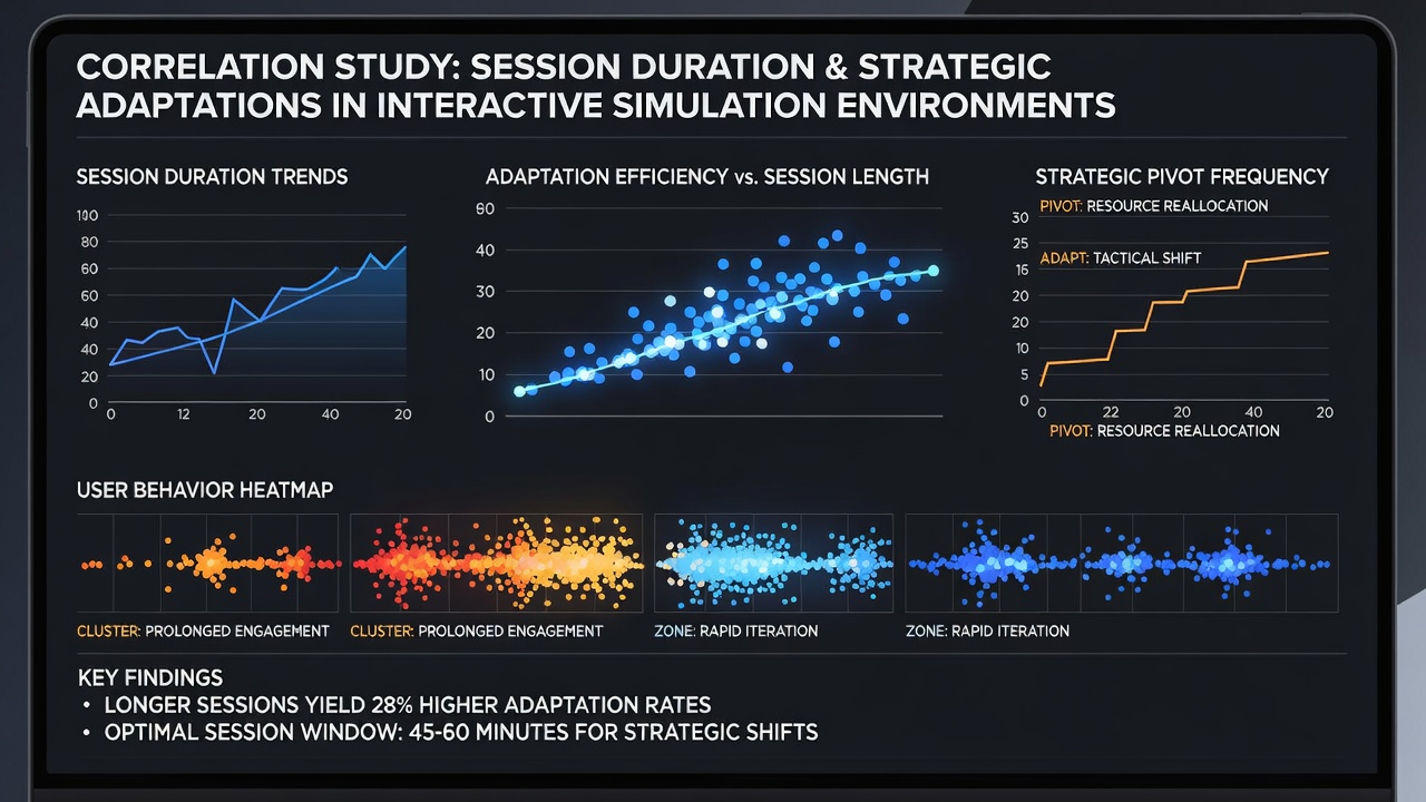Visuele weergave van data-analyse in simulatieomgevingen met grafieken van sessieduur en strategieaanpassingen