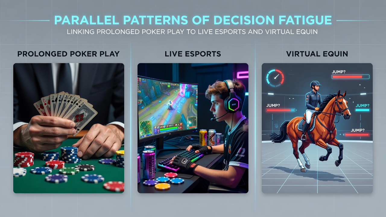 Grafiek die patronen van vermoeidheid in poker, esports en virtuele races illustreert