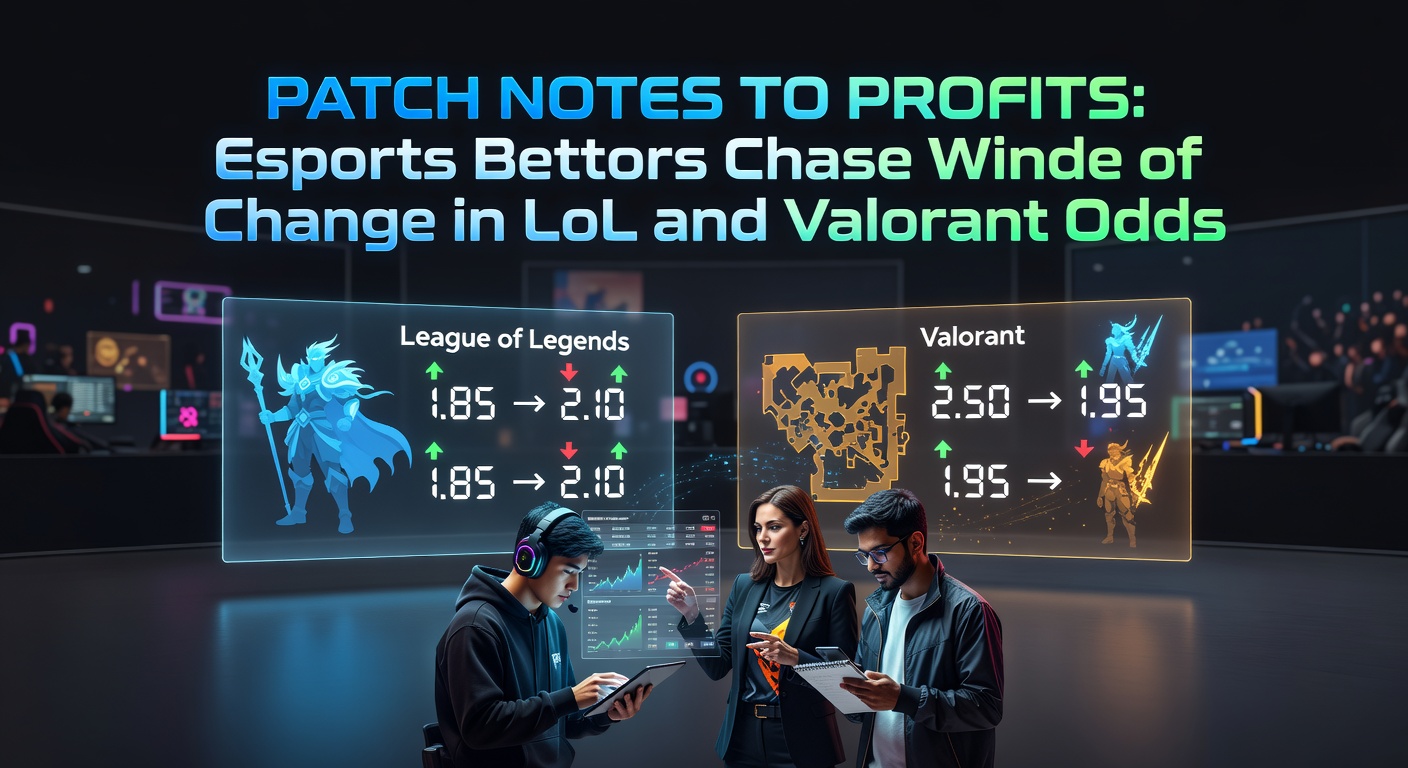 Esports weddenaars analyseren patch notes op een groot scherm tijdens een League of Legends toernooi, met grafieken van veranderende odds op de achtergrond