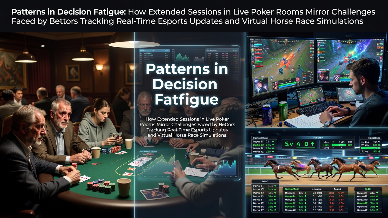 Illustratie van een drukke live pokerroom met spelers aan tafels en digitale overlays die esports feeds en virtuele races tonen
