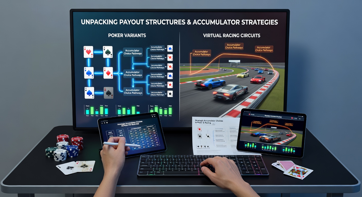 Illustratie van casino uitbetalingsstructuren met pokerkaarten en virtuele racebanen